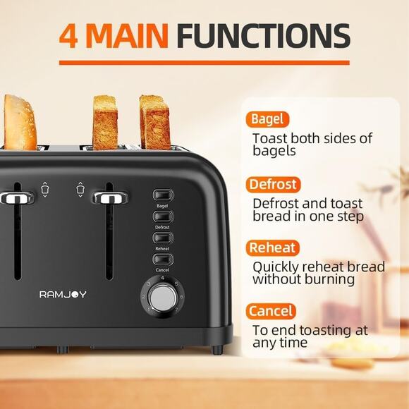 Black Toaster 4 Slice, Dual Independent Controls, Extra Wide Slot Toasters for B - Picture 5 of 8